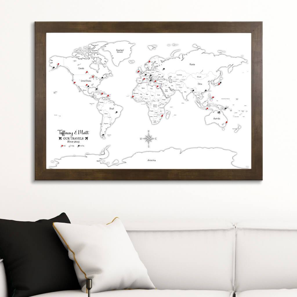 Canvas Black & White Hand-Drawn Illustrative World Map with Pins Rustic Brown Frame