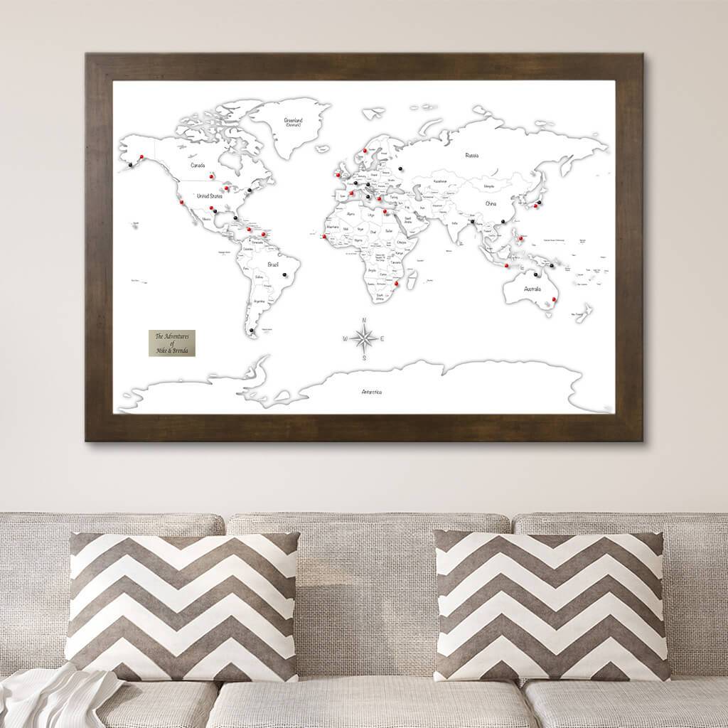 Black &amp; White Hand-Drawn Illustrative World Map with Pins Rustic Brown Frame