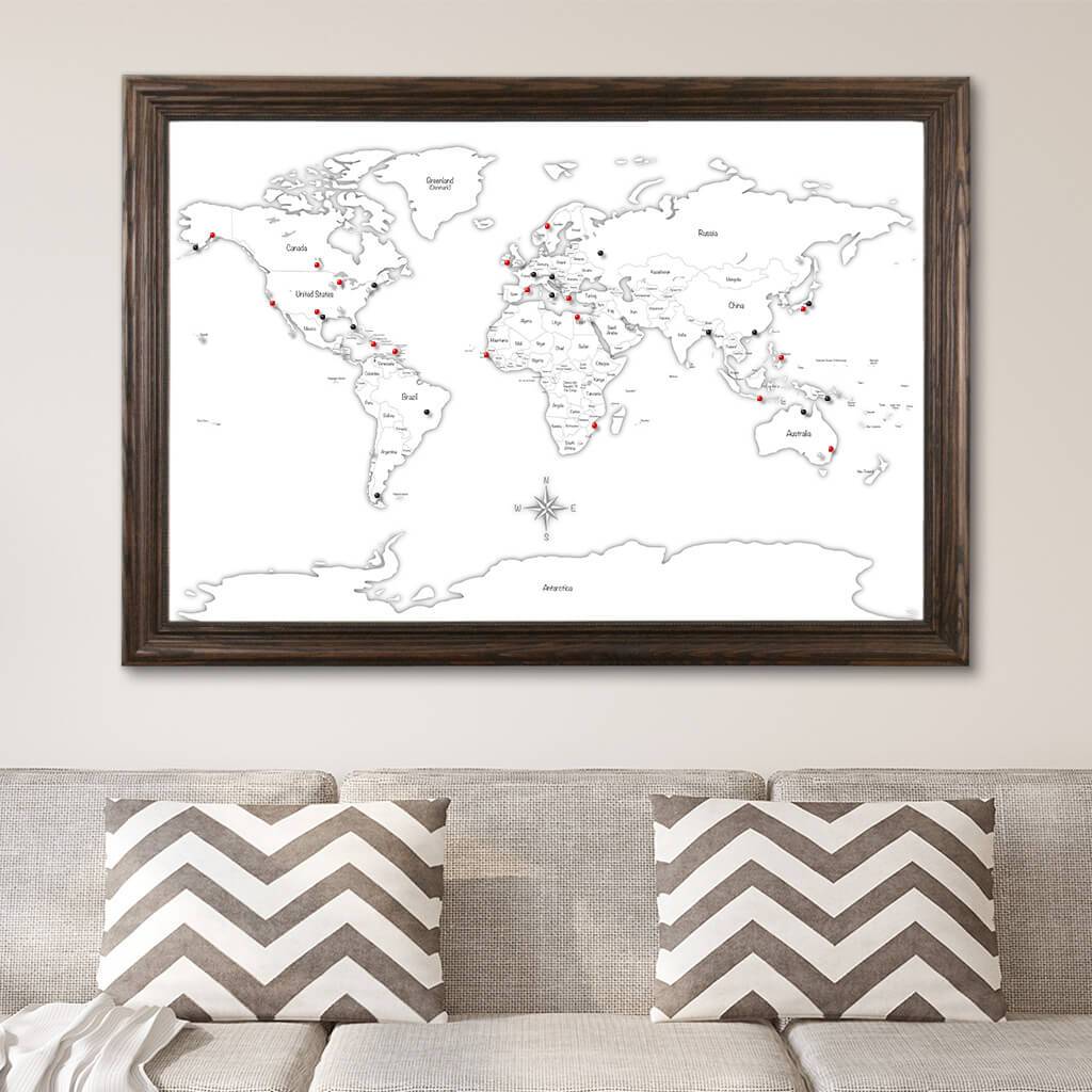 Black & White Hand-Drawn Illustrative World Map with Pins in Solid Wood Brown Frame