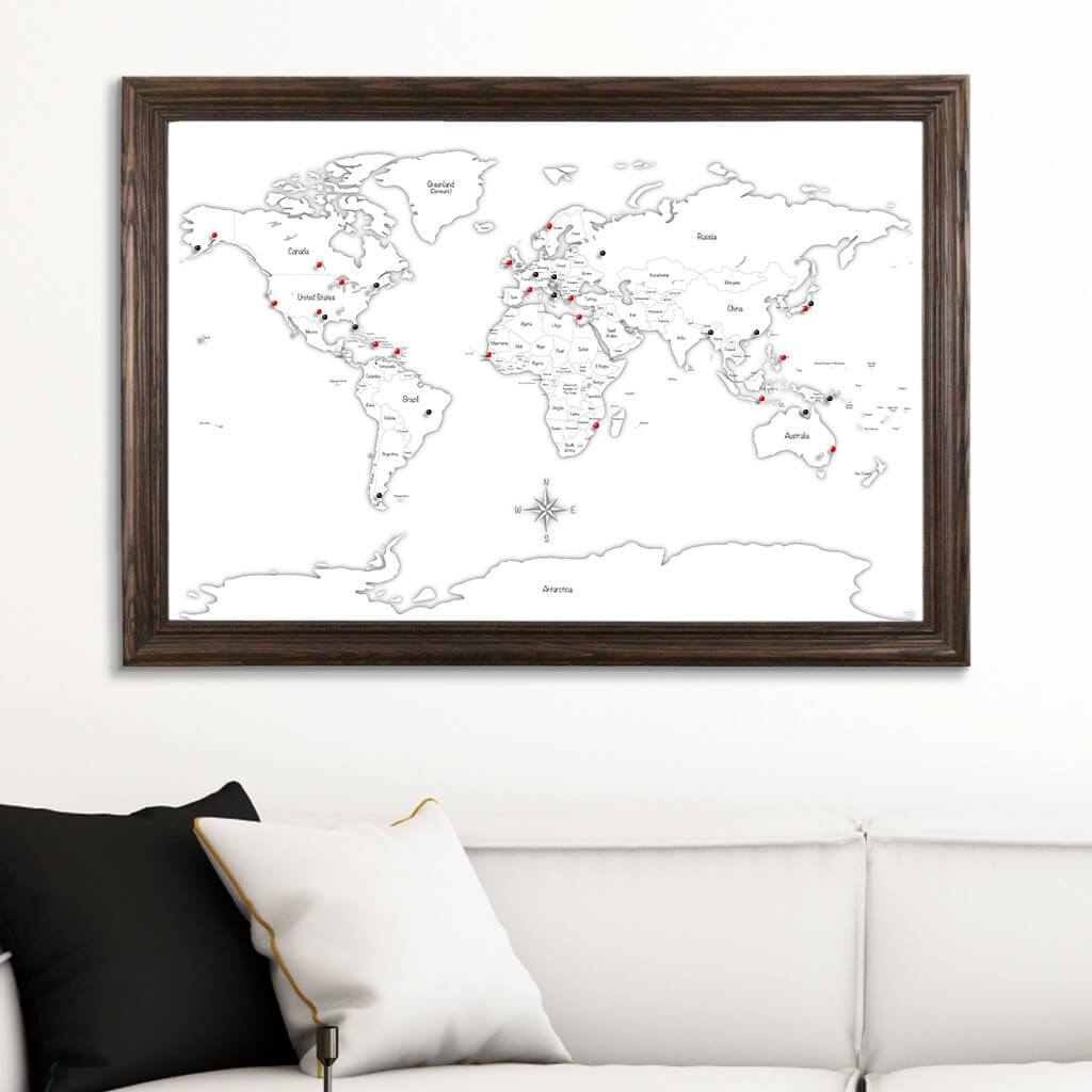 Canvas Black & White Hand-Drawn Illustrative World Map with Pins Solid Wood Brown Frame