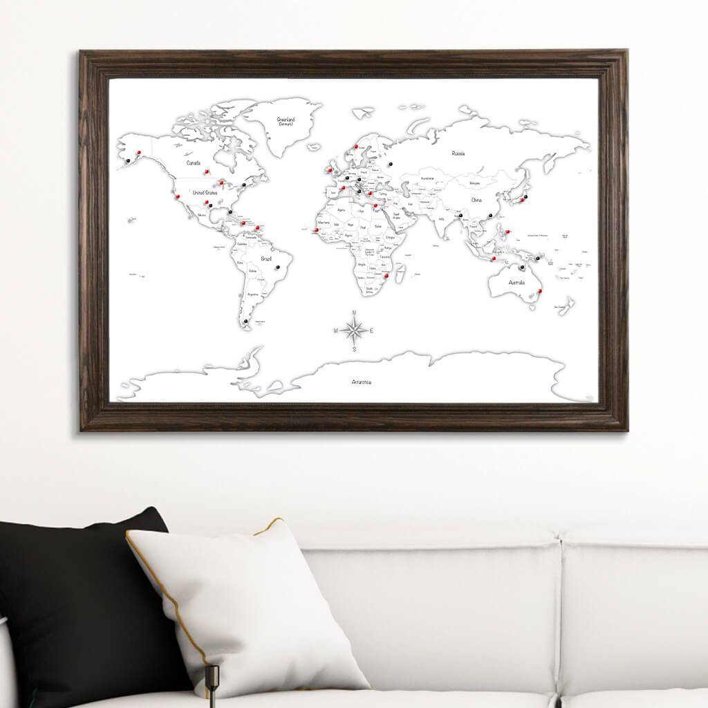 Canvas Black &amp; White Hand-Drawn Illustrative World Map with Pins Solid Wood Brown Frame