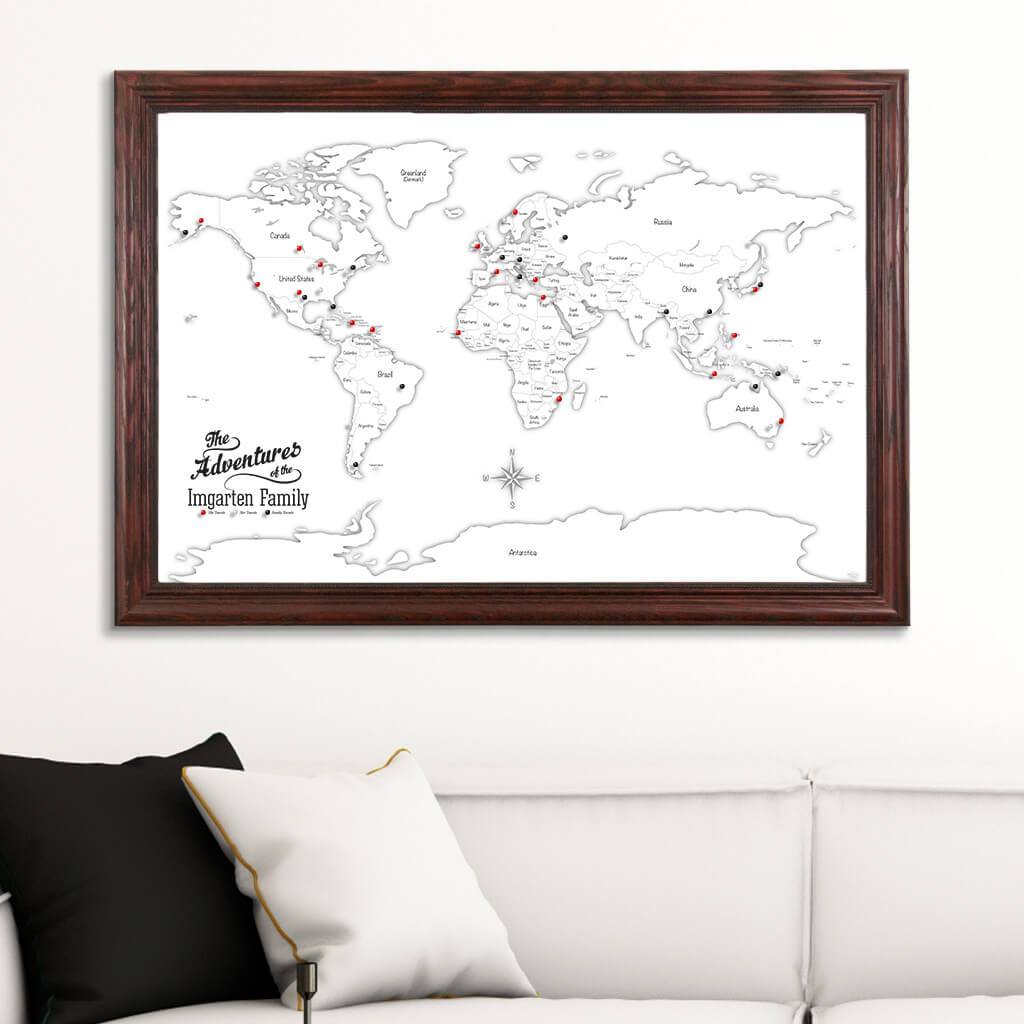 Canvas Black &amp; White Hand-Drawn Illustrative World Map with Pins with Solid Wood Cherry Frame