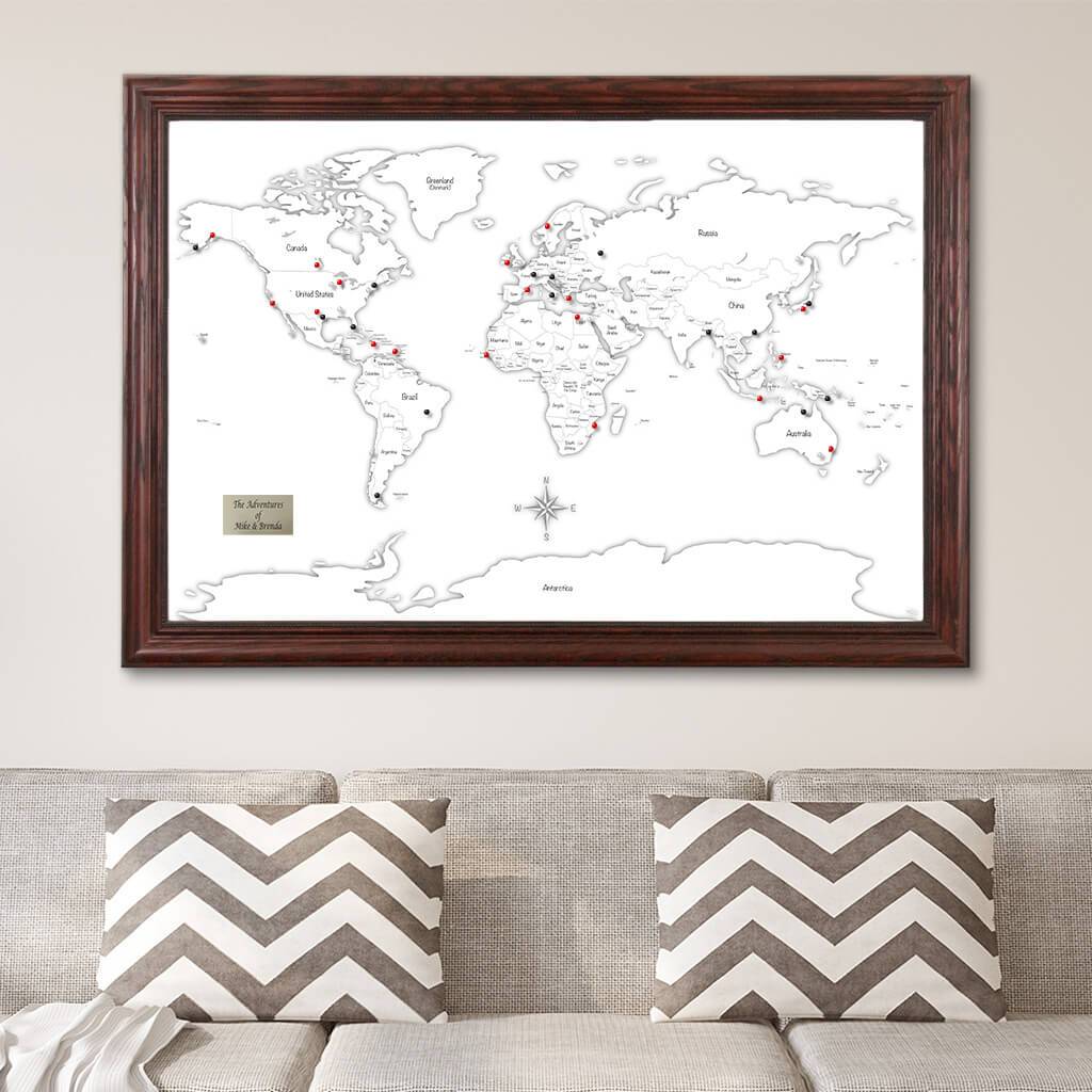 Black &amp; White Hand-Drawn Illustrative World Map with Pins Solid Wood Cherry Frame