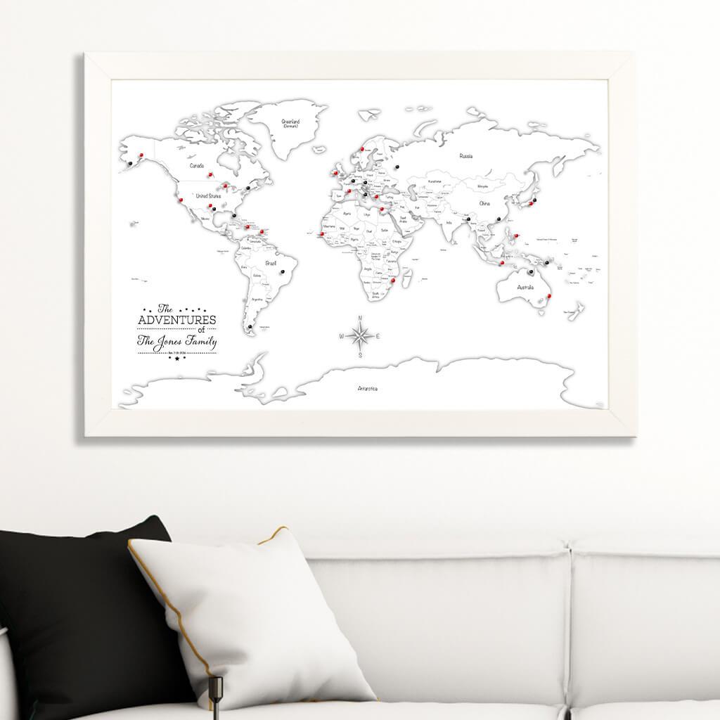 Canvas Black &amp; White Hand-Drawn Illustrative World Map with Pins with Textured White Frame