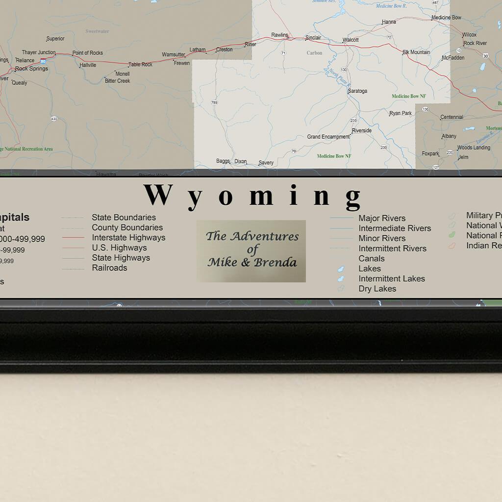 Framed Earth Toned Pin Map of Wyoming Plaque Placement